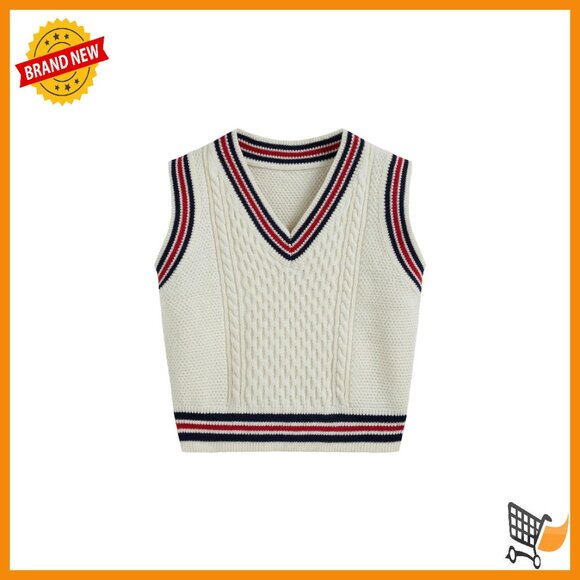 Oversized Cable Knit Sweater Vest V-Neck Sleeveless Pullover - Picture 1 of 8